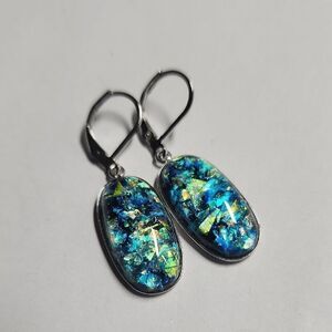 Elegant Blue and Green Oval Stainless Steel Earrings